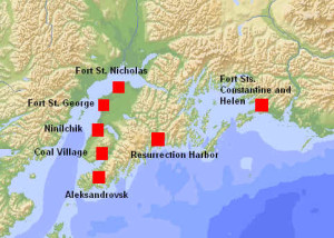 Detailed map of some Russian settlements in Alaska. Author Marco Ramerini