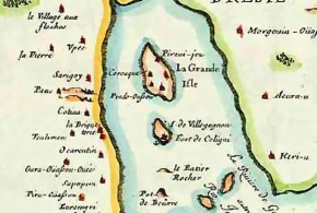 French map of Guanabara Bay (Rio de Janeiro) in 1555, by Duval