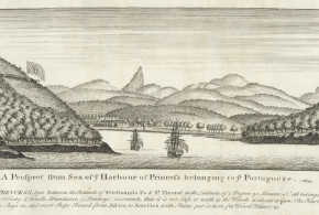 Island of Principe (Sao Tome and Principe), 1727. Old view of the island of Príncipe, the bay of the port and the Fortaleza da Ponta da Mina (on the left)