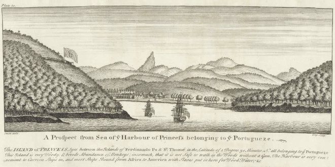Antica veduta dell'Isola di Principe: la baia del porto e la Fortaleza da Ponta da Mina (sulla sinistra)