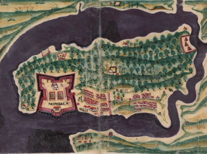 Map of the Mombasa Fortress, Kenya. Bocarro, António. Livro das Plantas de todas as fortalezas, cidades e povoaçoens do Estado da Índia Oriental. 1635. No Copyright