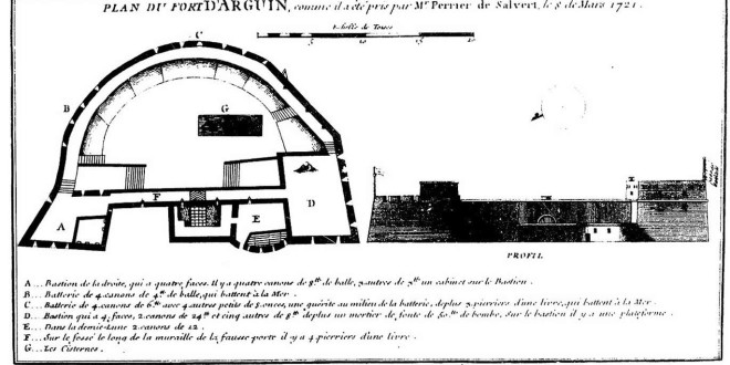 Plan of the fortress at the island of Arguin in 1721. Originaly plublished by Jean-Baptist Labat (1663-1728).
