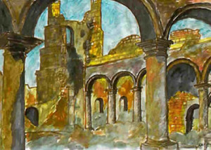 Baçaim, as ruínas do claustro e da torre da Igreja franciscana de Santo António, aguarela por Roberto Ramerini