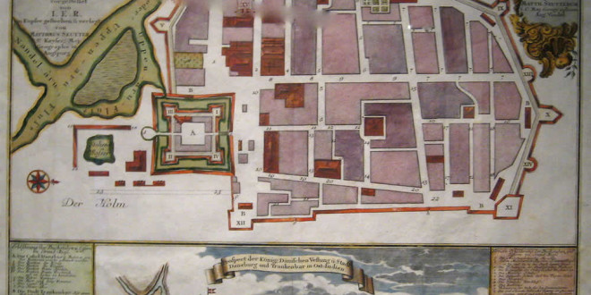 Historic map of danish colony Tranquebar and Fort Dansborg, 1700s. No Copyright