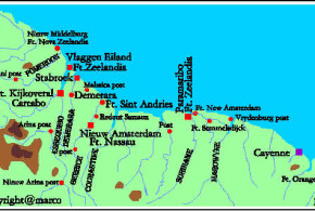 Map of Dutch settlements in Guyana and Suriname 1600-1750. Author Marco Ramerini