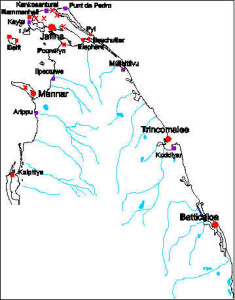 Map of Northern Sri Lanka with Dutch and Portuguese remains. Author and Copyright Marco Ramerini