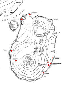 Mappa di Tidore che mostra i probabili siti dei forti spagnoli. Author Marco Ramerini