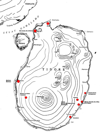 Peta Tidore, yang menunjukkan kemungkinan situs benteng Spanyol. Author Marco Ramerini