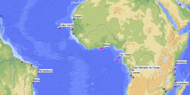 Map of the Portuguese settlements in Africa and America around 1600. Author Marco Ramerini