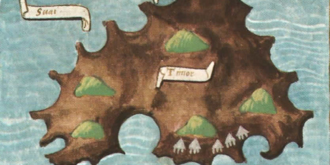 Vieille carte du Timor (1522 manuscrit du journal de Antonio Pigafetta)
