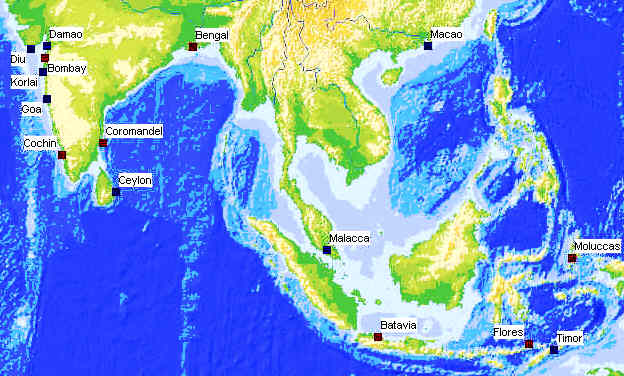 Portugiesischsprachige Gemeinschaften in Asien (Blau: Heutige Orte, wo Portugiesisch gesprochen wird, Rot: Orte, wo Gemeinschaften früher Portugiesisch gesprochen haben). Author Marco Ramerini
