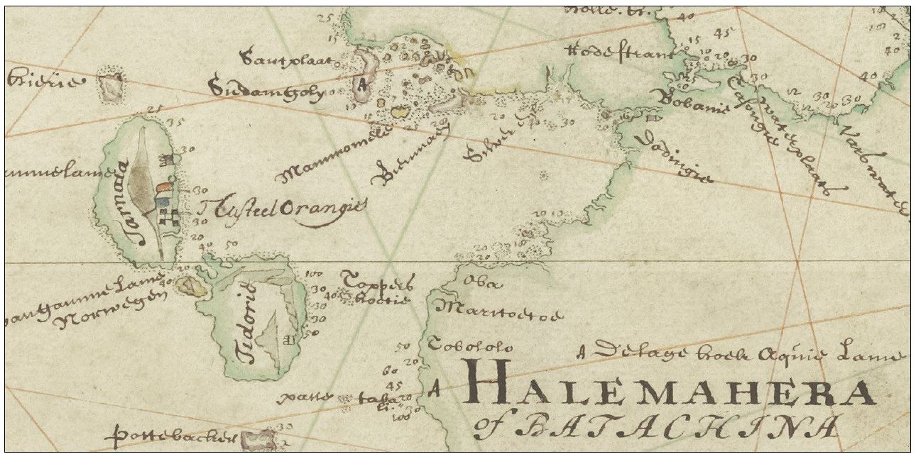 Detalle de mapa, Kaart van de Ternataansche Eilanden, Ternate, Tidor, Halmaheira of Batachina, Macquian, Batchan,enz. Titel in catalogus Leupe (Nationaal Archief) Anónimo, 1711.